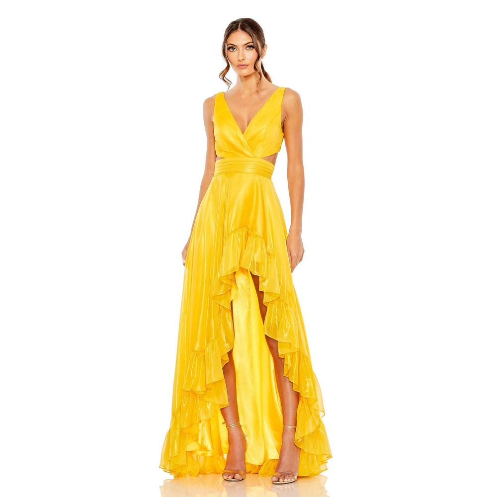 NWT‎ Mac Duggal 49526 Mango Yellow Cut Out High Low Ruffle Gown Dress 14